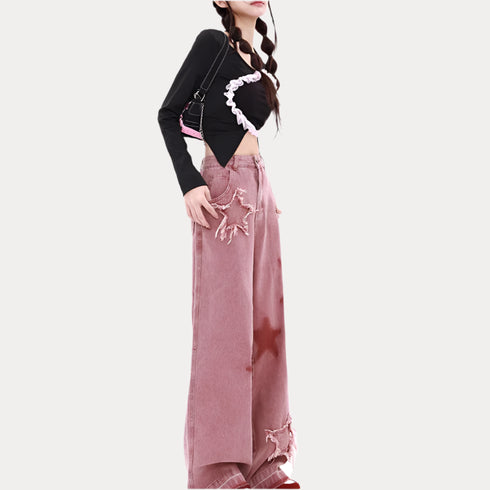 Women's Red Star Printed High-waisted Wide Leg Jeans